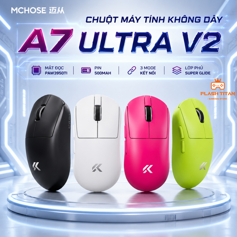 Chuột gaming Không Dây Mchose A7 ultra V2, Mắt đọc 3950 Mạnh Mẽ, Lớp phủ Super Glide Cao Cấp, Phù hợp chơi game FPS