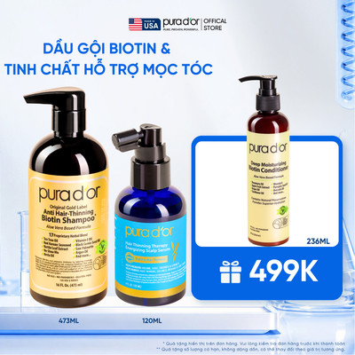 Combo dầu gội và tinh chất Hỗ Trợ Giảm Rụng Tóc, Chăm Sóc Da Đầu, Hỗ Trợ Mọc Tóc Biotin Gold Label PURA DOR Organic