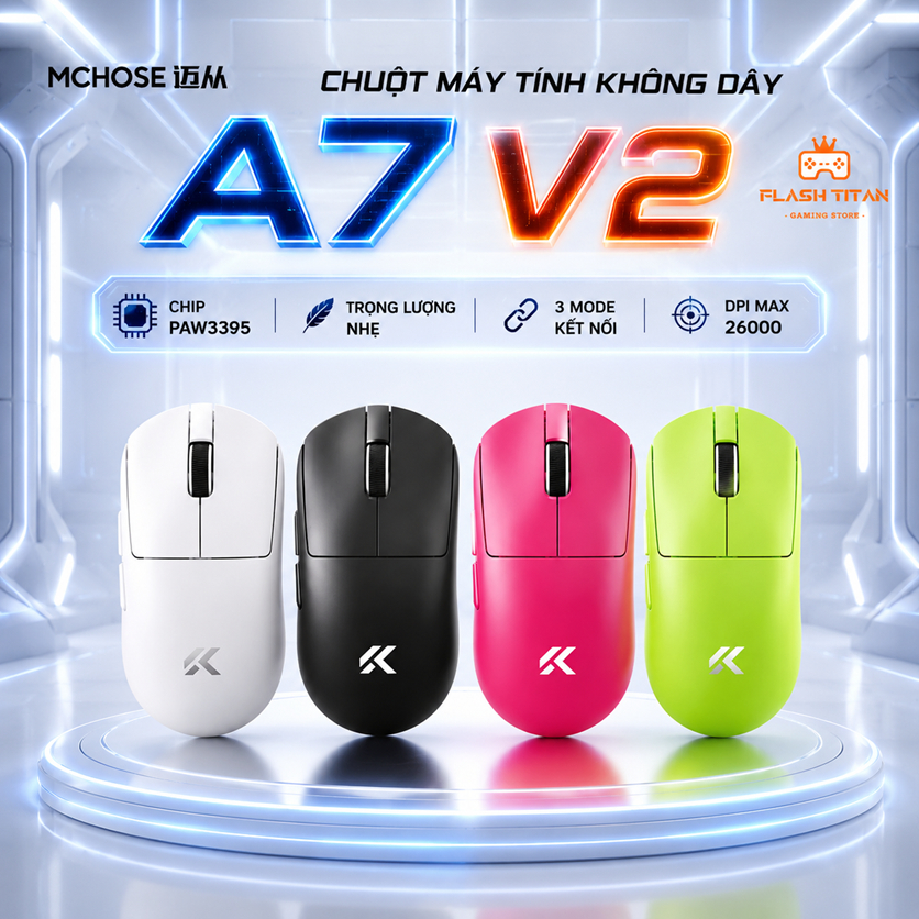 Chuột Không Dây Gaming Mchose A7 V2 Ultra Cao Cấp Trang Bị Chip PAW3950 - Polling rate 8k, Chơi Game FPS, Dùng Cho PC