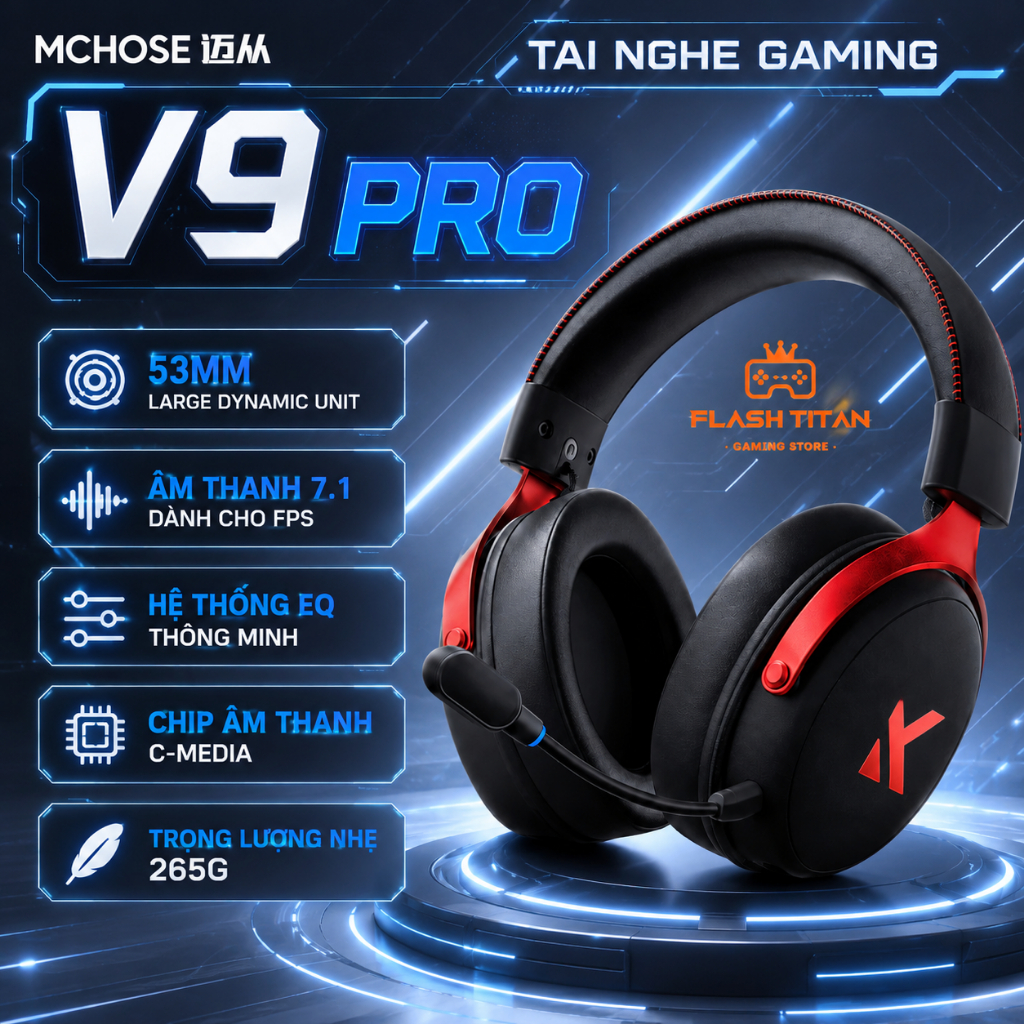 Tai nghe Gaming Mchose V9 PRO Không Dây,Hỗ Trợ App Tùy Chỉnh, Mic Đàm Thoại,Nghe Rõ Tiếng Bước Chân, Dùng chơi Game FPS