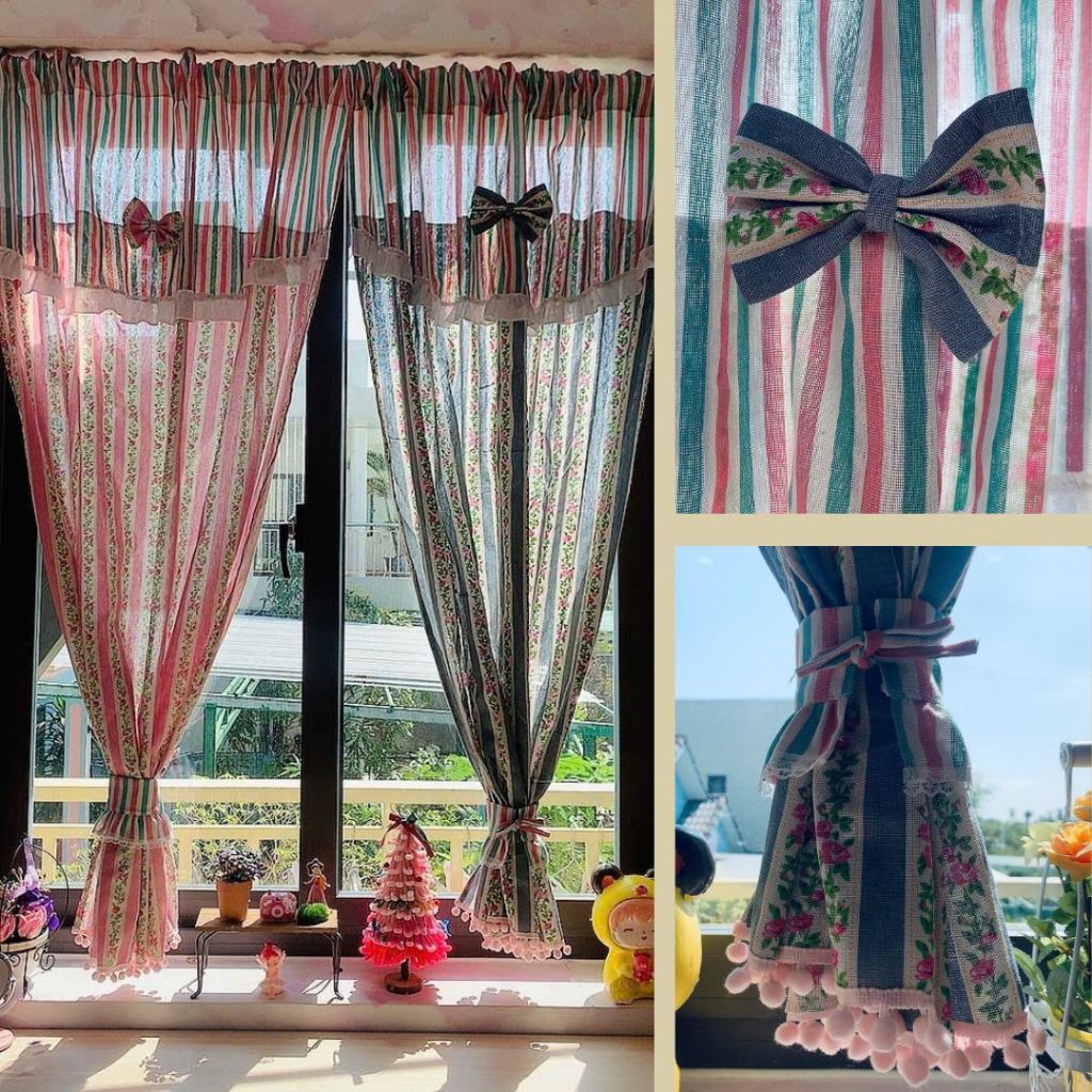 Rèm cửa vintage vải canvas decor sọc hoa xanh hồng phối bèo rèm cửa sổ Nhà Xinh Decor trang trí home