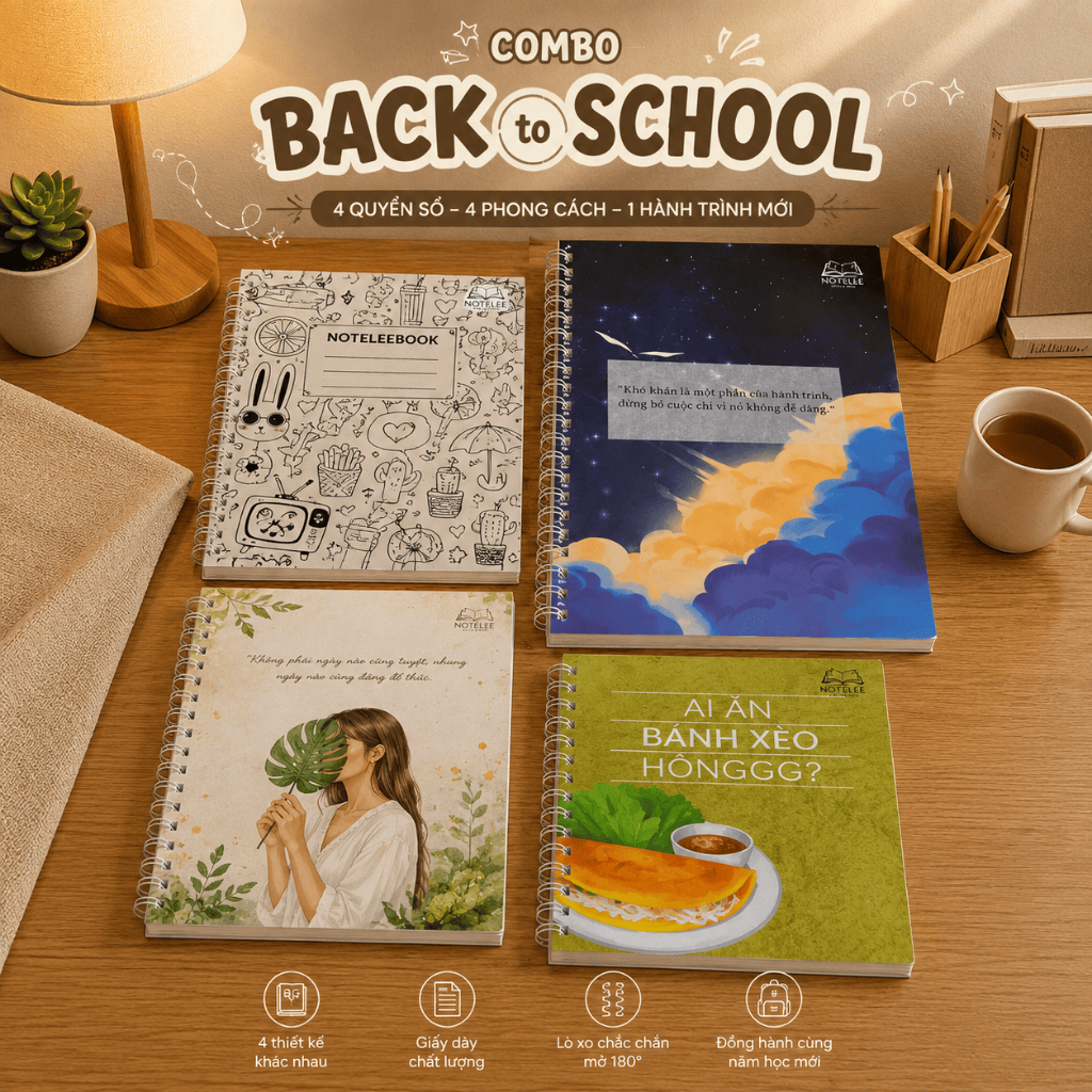 Combo Back to school Noteleebook - 1 sổ A4 Vũ trụ - 1 sổ A5 Bánh xèo - 2 sổ A5 Journal