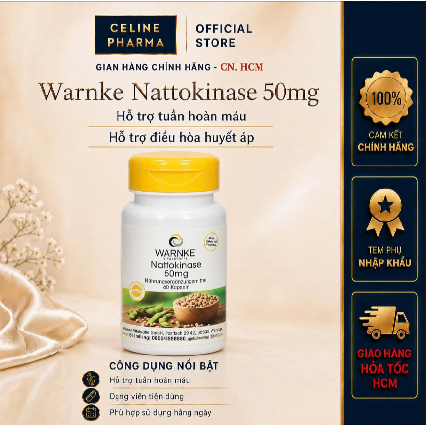 Viên Uống Warnke Nattokinase 50mg 60 Viên, Bổ Sung Nattokinase 1000 FU Và L-Leucine Từ Đức