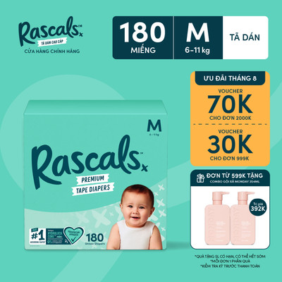 Thùng Tã/Bỉm Dán Rascals Size M (6-11kg) 180 miếng