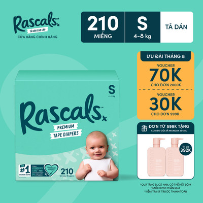 Thùng Tã/Bỉm Dán Rascals Size S (4-8kg) 210 miếng