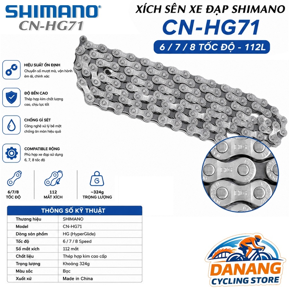 Xích Sên Xe Đạp SHIMANO CN HG71 Chính Hãng – Dùng Cho 6/7/8 Tốc Độ – HyperGlide Sang Số Mượt