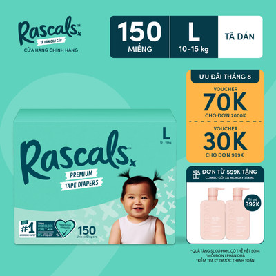 Thùng Tã/Bỉm Dán Rascals Size L (10-15kg) 150 miếng