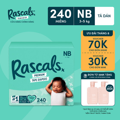 Thùng Tã/Bỉm Dán Rascals Size NB (3-5kg) 240 miếng