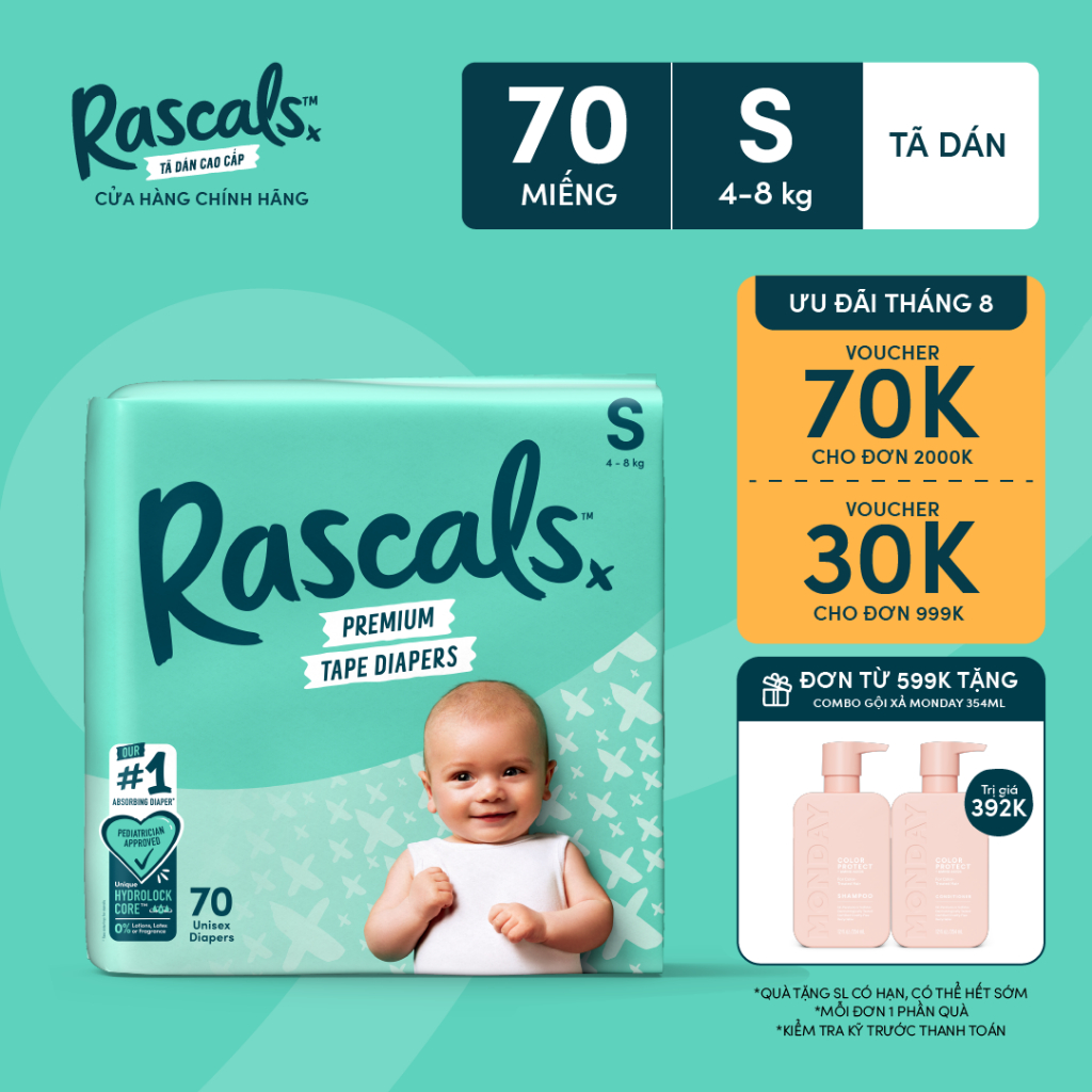 Tã/Bỉm Dán Rascals Size S (4-8kg) 70 miếng
