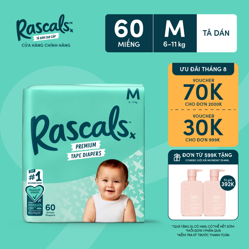 Tã/Bỉm Dán Rascals Size M (6-11kg) 60 miếng