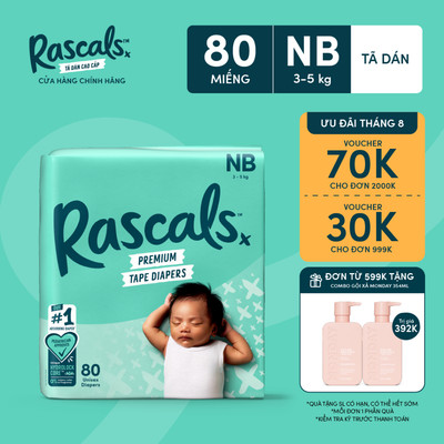 Tã/Bỉm Dán Rascals Size NB (3-5kg) 80 miếng