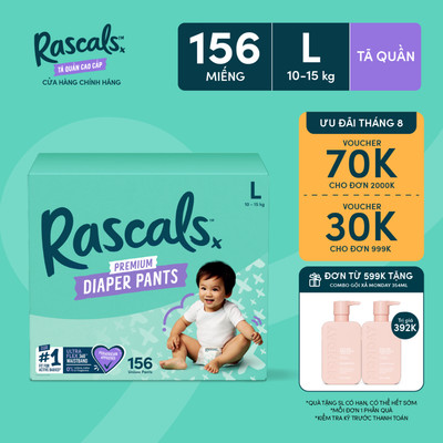 Thùng Tã/Bỉm Quần Rascals Size L (10-15kg) 156 miếng