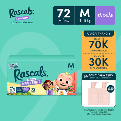 Tã/Bỉm Quần Rascals Cocomelon Size  M (6-11kg) 72 miếng - Kèm Sách tô màu ngẫu nhiên