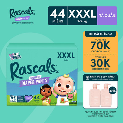 Tã/Bỉm Quần Rascals Cocomelon Size XXXL (>17kg) 44 miếng - Kèm Sách tô màu ngẫu nhiên