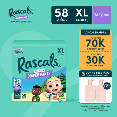 Tã/Bỉm Quần Rascals Cocomelon Size  XL (13-18kg) 58 miếng - Kèm Sách tô màu ngẫu nhiên