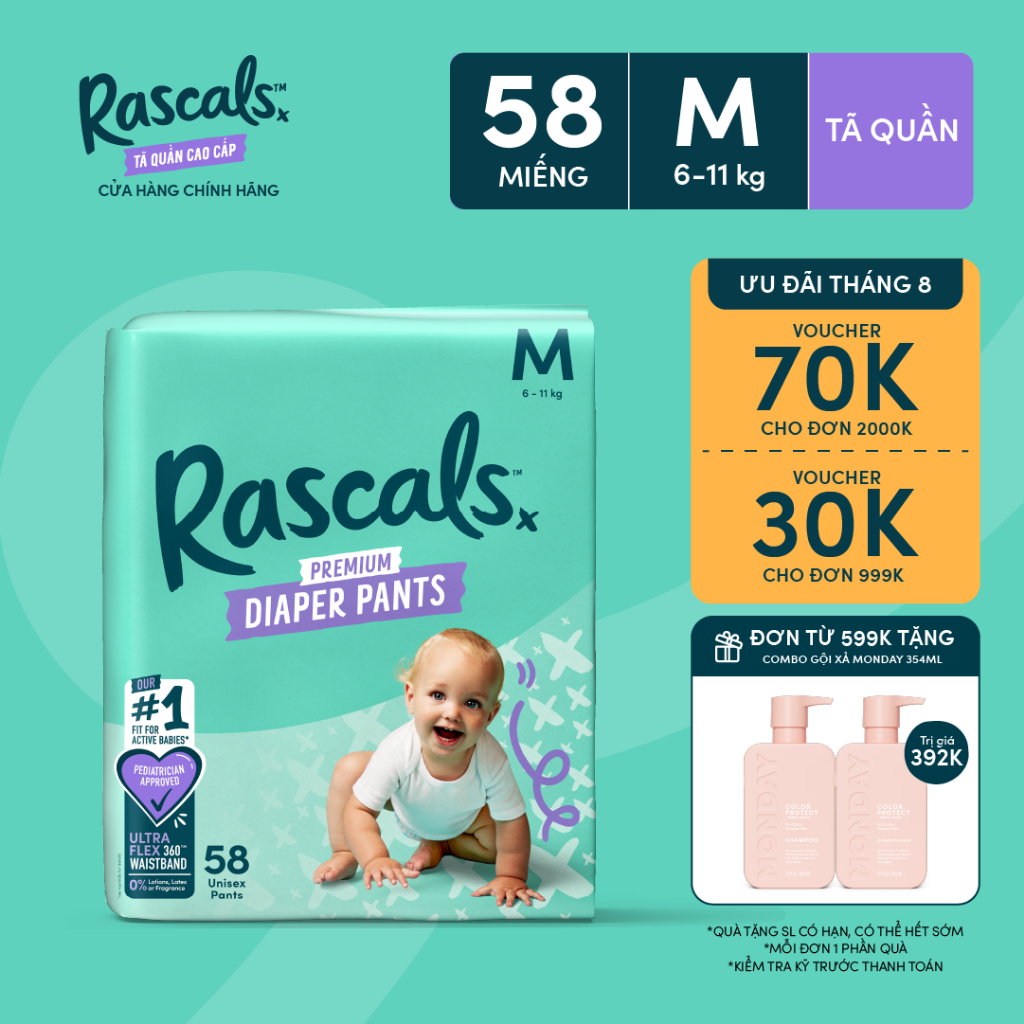 Tã/Bỉm Quần Rascals Size M (6-11kg) 58 miếng