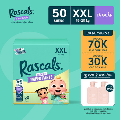 Tã/Bỉm Quần Rascals Cocomelon Size XXL (15-20kg) 50 miếng - Kèm Sách tô màu ngẫu nhiên