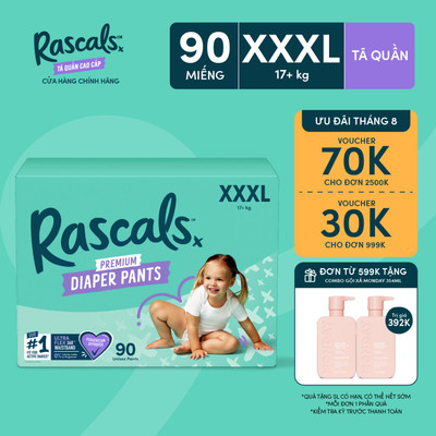 Thùng 3 bịch Tã/Bỉm Quần Rascals Size XXXL (17kg+) 90 miếng