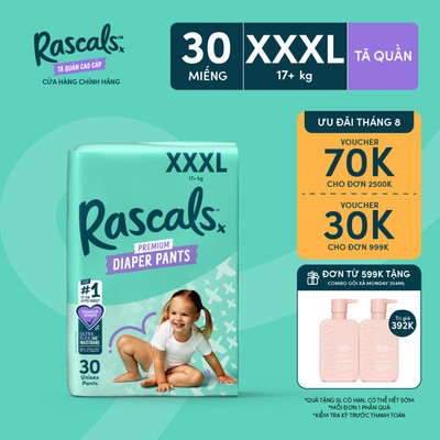 Tã/Bỉm Quần Rascals Size XXXL (17kg+) 30 miếng