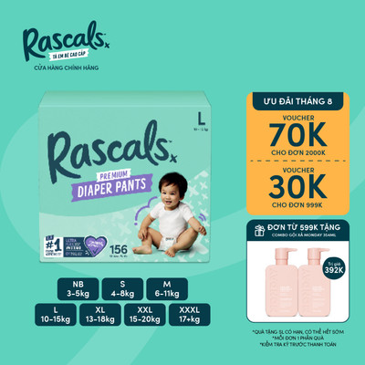 Tã/Bỉm cao cấp Rascals dành cho em bé size NB/S/M/L/XL/XXL/XXXL