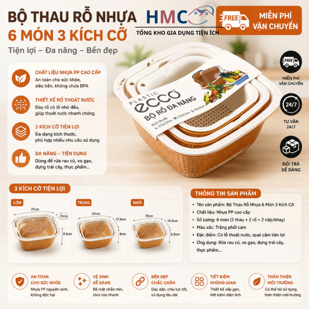 Bộ Rổ Nhựa Kèm Thau ECCO 6 Món 6 Kích Thước Khác Nhau Cao Cấp (3 Rổ 3 Chậu - Ecco)