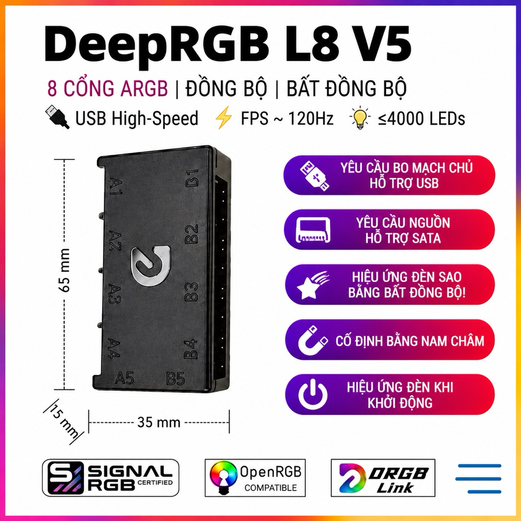 DeepRGB L8 V5 - Hub ARGB 8 Cổng Độc Lập | SignalRGB, OpenRGB, DRGB Link | Hiệu Ứng LED Đuổi | Đồng B