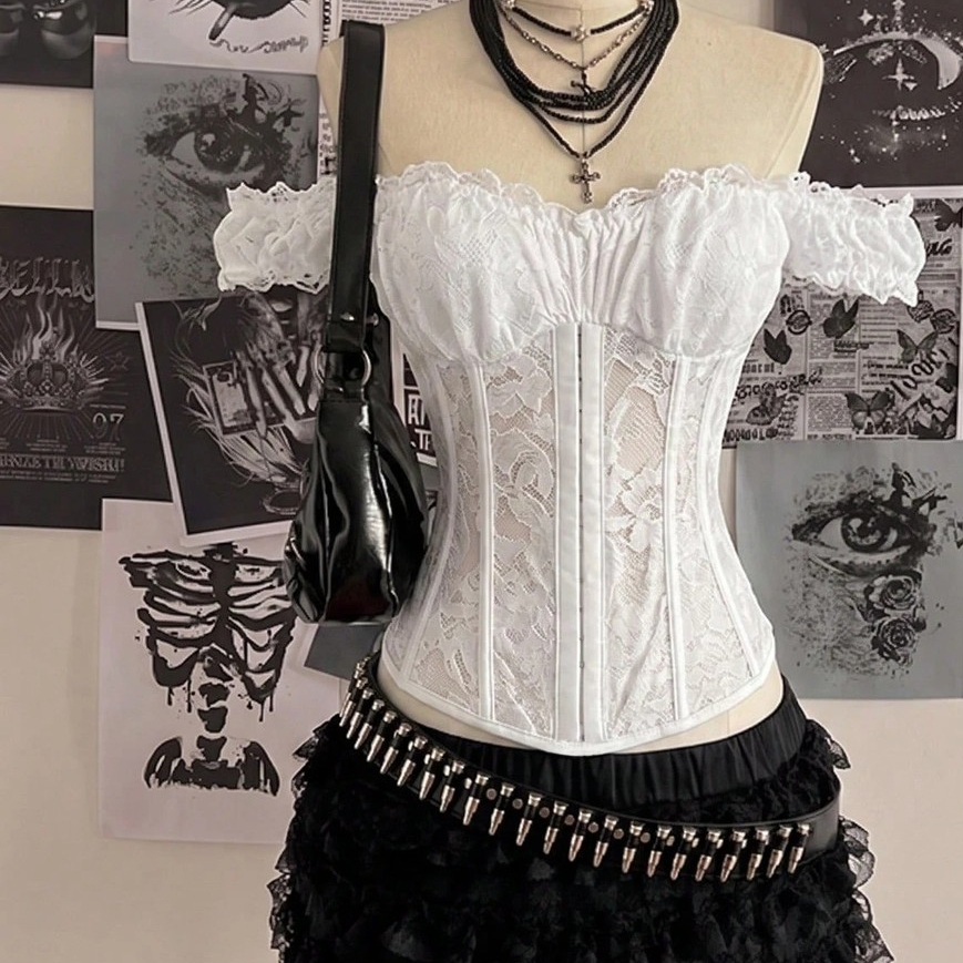 Áo Corset Ren Trễ Vai Định Hình Dáng - Áo Corset Phối Ren Tay Bèo Style Gothic Y2K Dark Academia
