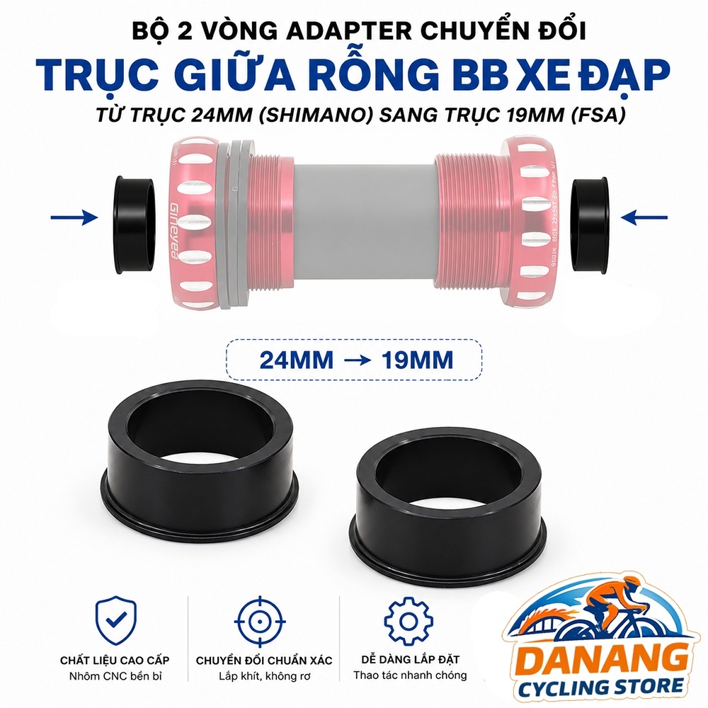 Bộ 2 Vòng Adapter Chuyển Đổi Trục Giữa BB Xe Đạp 24mm (SHIMANO) Sang 19mm (FSA) – Spacer Giảm Trục Hollowtech II