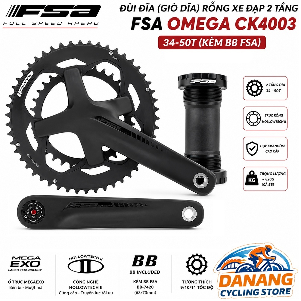 Đùi Đĩa Rỗng Xe Đạp FSA OMEGA CK4003 34-50T (Kèm BB FSA) | Giò Dĩa Road, Touring