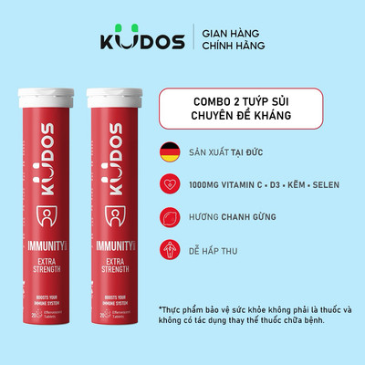 Combo 2  Tuýp TPBVSK Viên sủi KUDOS IMMUNITY bổ sung 1000mg vitamin C, Kẽm, D3, E, Selen (20 viên/tuýp)