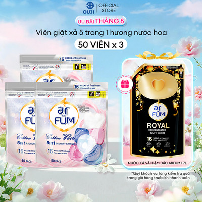 Combo 3 Túi Viên giặt Quần áo arFUM 5 trong 1 tinh dầu nước hoa, khử khuẩn 99% - 4 mùi hương (túi 50V)