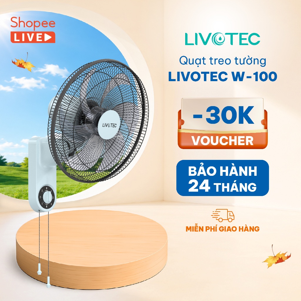 [LIVE W100] Quạt treo tường Livotec W100, Động cơ 100% dây đồng, 3 cấp gió, Công nghệ TURBO FAN, BOO