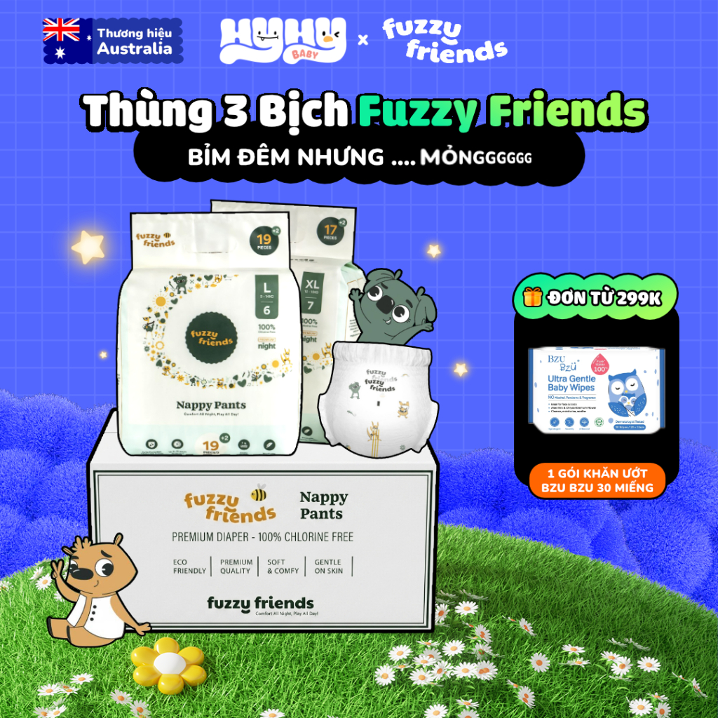 [COMBO 1 THÙNG 3 BỊCH] Tã Bỉm Đêm FUZZY FRIENDS Úc – Bỉm Bỉm Dán/Quần Siêu Mỏng, Không Tẩy Trắng, An