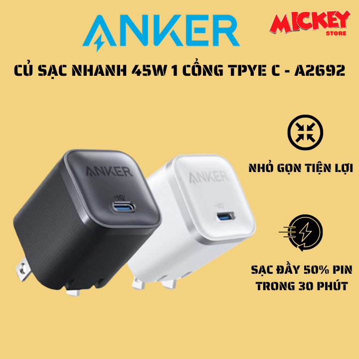 Củ sạc nhanh 45W Anker Nano 1 cổng Type C - A2692 USB-C (GaN, ActiveShield)