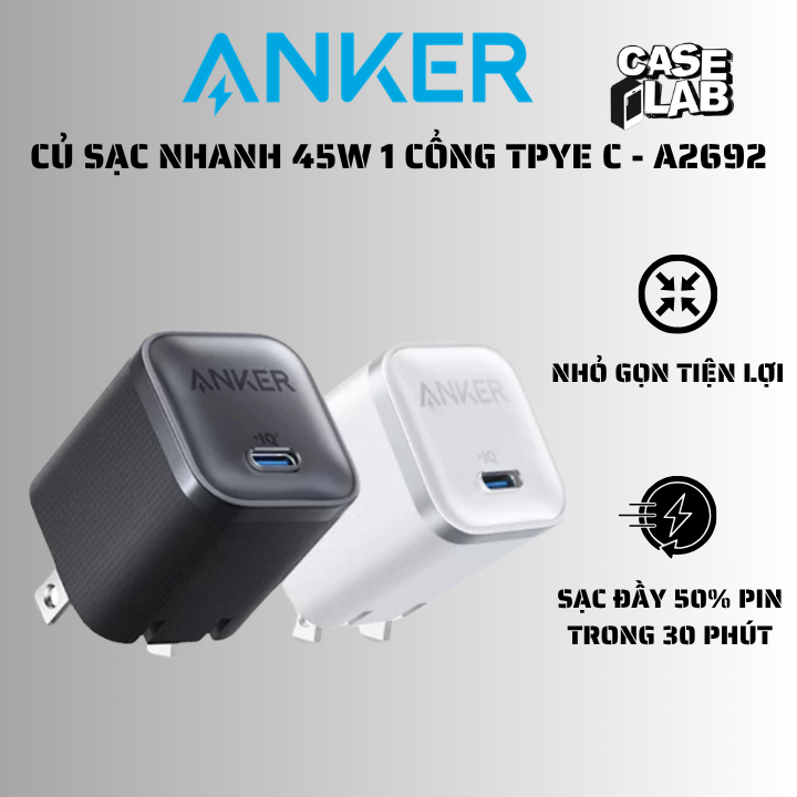 Củ sạc nhanh chính hãng Anker Nano 45W - A2692 USB-C (GaN, ActiveShield)