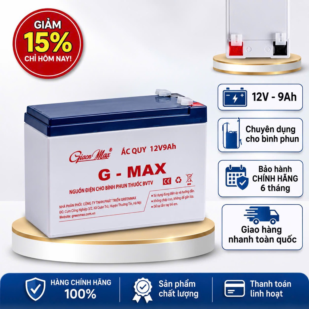 Ắc Quy Bình Phun Thuốc 12V 9Ah G-MAX GreenMax Chính Hãng - Pin Khô Kín Khí Thay Thế Cho Bình Phun Đi