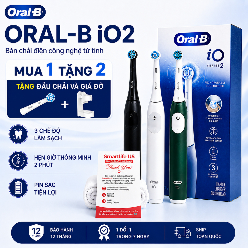 [Tặng 01 Đầu Chải &Giá Đỡ] Oral-B iO2 Bàn Chải Điện Công Nghệ Từ Tính | Hàng Mỹ | Bảo Hành 12 Tháng