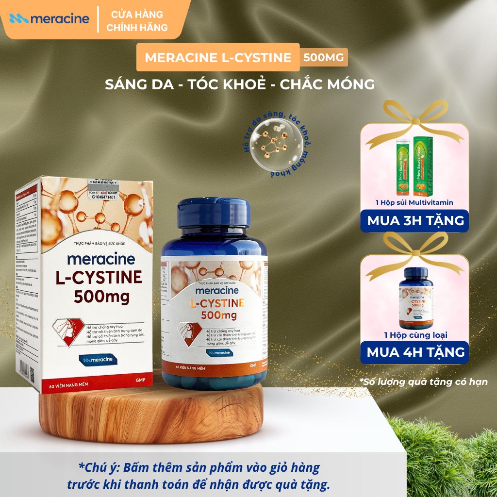 Viên Uống Meracine L-Cystine 500mg Giúp Sáng Da, hỗ trợ giảm nám, giảm mụn, rụng tóc, giảm gãy móng 