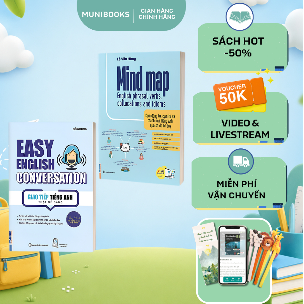 Combo - Mind Map English Phrasal Verbs,Collocations And Idioms và Easy English Conversation Giao Tiế