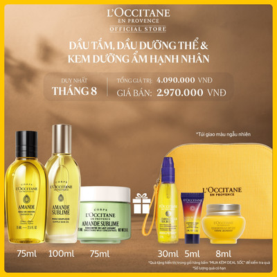 Combo Chăm Sóc Da Hạnh Nhân L'OCCITANE (Dầu dưỡng thể 100ML, Dầu Tắm 75ML Và Kem Dưỡng Ẩm 75ML)