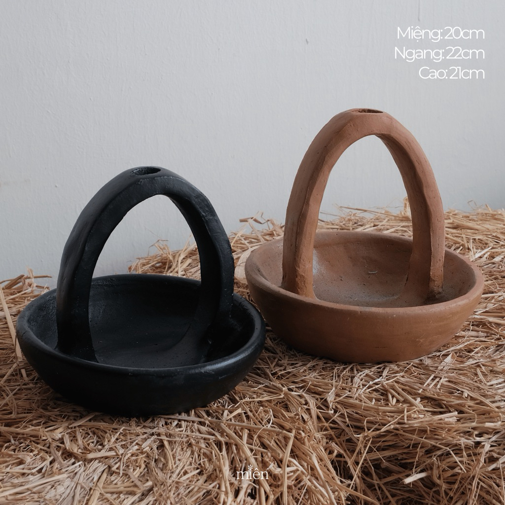 [Miên] Gốm đất nung Bàu Trúc, đĩa cắm hoa ikebana, decor thủ công