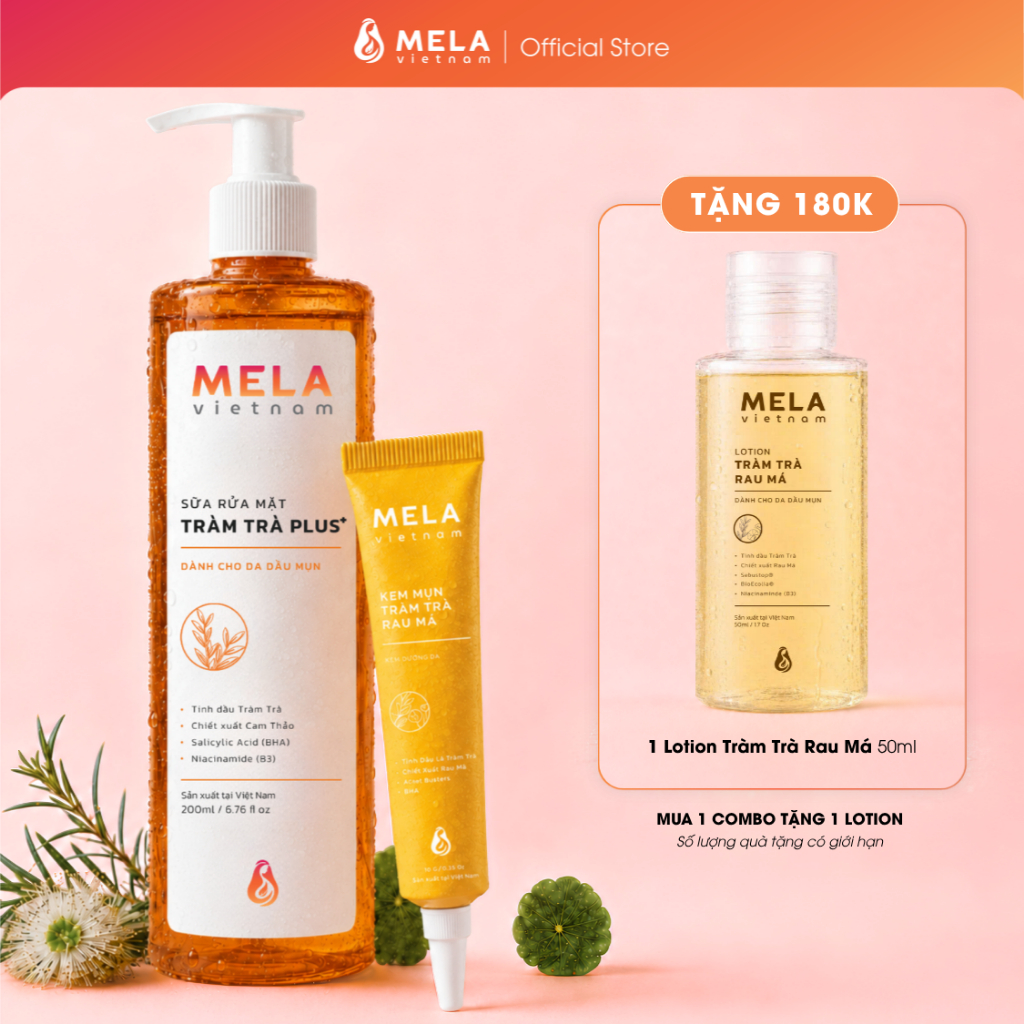 [Mela] Combo Sữa rửa mặt Tràm Trà Plus (+) & Kem mụn Tràm Trà Rau Má cho da dầu mụn tặng Lotion Tràm