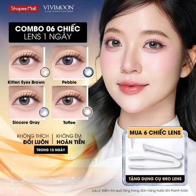 [COMBO 6 CHIẾC] Lens cận 1 ngày VIVIVIMOON, kính áp tròng khóa ẩm màu Kitten Eyes Brown, Pebble, Sincere Gray, Toffee