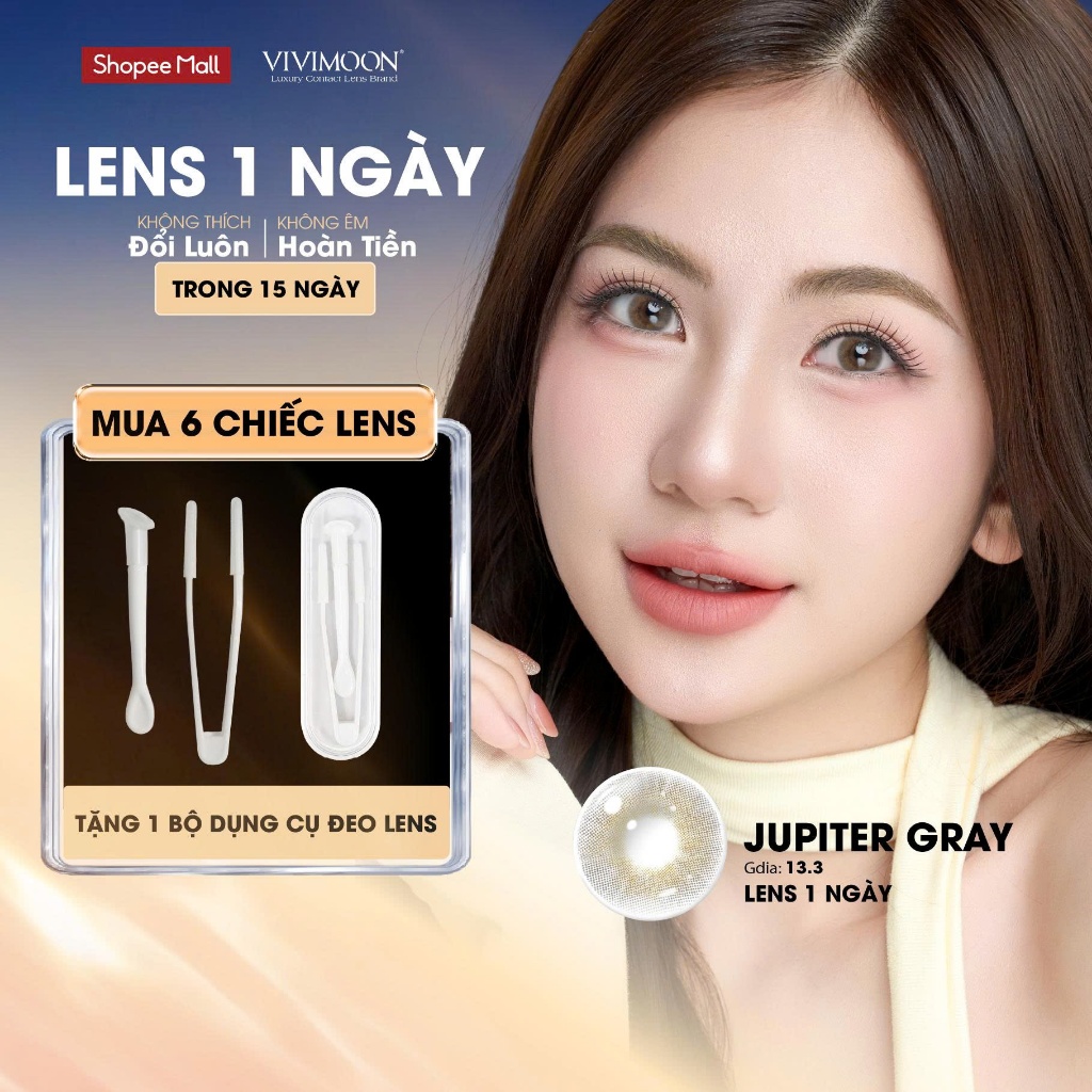VIVIMOON lens cận 1 ngày Jupiter Gray, kính áp tròng khóa ẩm màu xám pha ánh vàng (Giá 1 chiếc, x2 đ