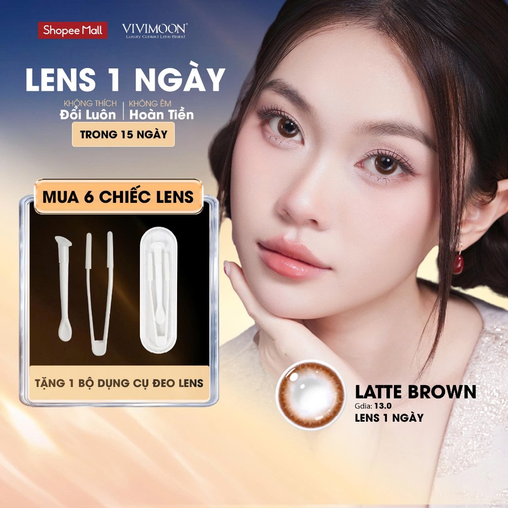 VIVIMOON lens cận 1 ngày Latte Brown, kính áp tròng khóa ẩm màu nâu tự nhiên (Giá 1 chiếc-1 bên mắt,