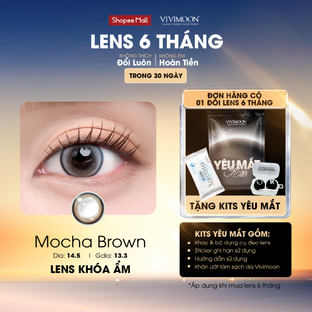 Lens cận 6 tháng VIVIMOON Mocha Brown, kính áp tròng khóa ẩm màu nâu sáng pha ánh xám giãn to 14.5mm