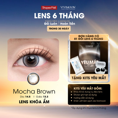 Lens cận 6 tháng VIVIMOON Mocha Brown, kính áp tròng khóa ẩm màu nâu sáng pha ánh xám giãn to 14.5mm