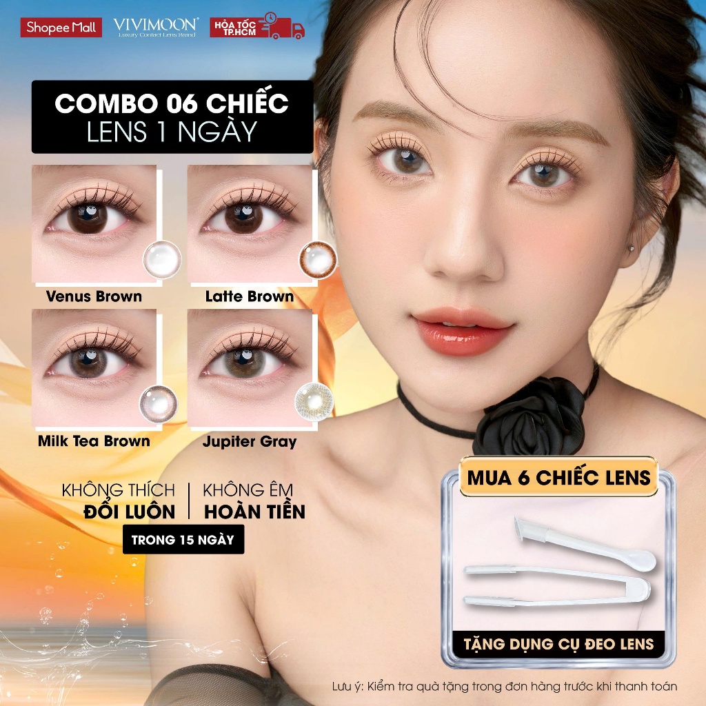 [6 CHIẾC] VIVIMOON Lens 1 ngày, kính áp tròng cận khóa ẩm Milk Tea Brown, Venus Brown, Latte Brown, 