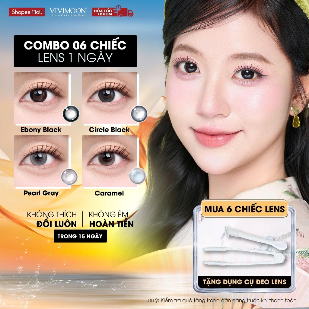 [6 CHIẾC] VIVIMOON Lens 1 ngày, kính áp tròng cận khóa ẩm Circle Black, Ebony Black, Caramel, Pearl 