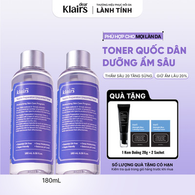 [ĐQ] Combo 2 Nước hoa hồng Dear, Klairs Supple Preparation Unscented Toner 180ml cấp ẩm cho mọi loại da